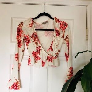 ASOS DESIGN ruffle wrap floral top in cream